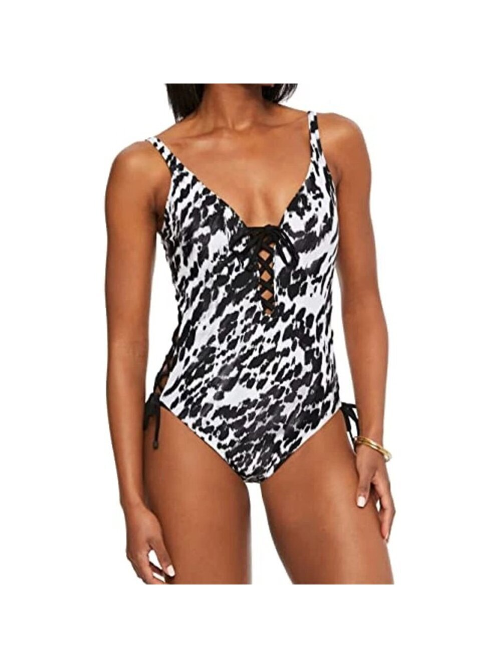 Bar III Women's XS Primal Mix Animal Print One-Piece Swimsuit Black/White e1327